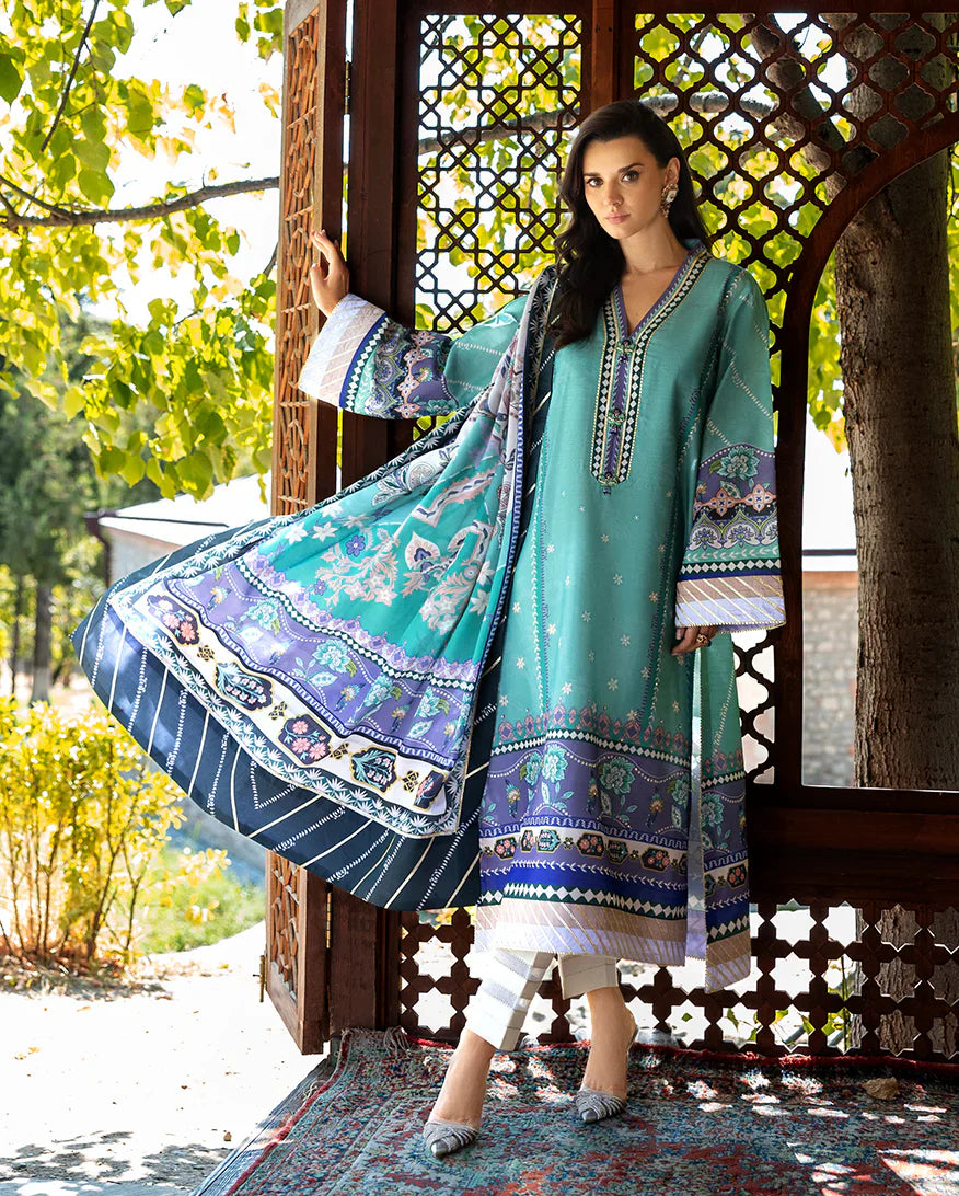 Mushq Hemline Echoes Of Serneity Unstitched Festive Raw Silk Printed 3 Piece MQ25ES D-10 Lunar Dew - Festive Collection
