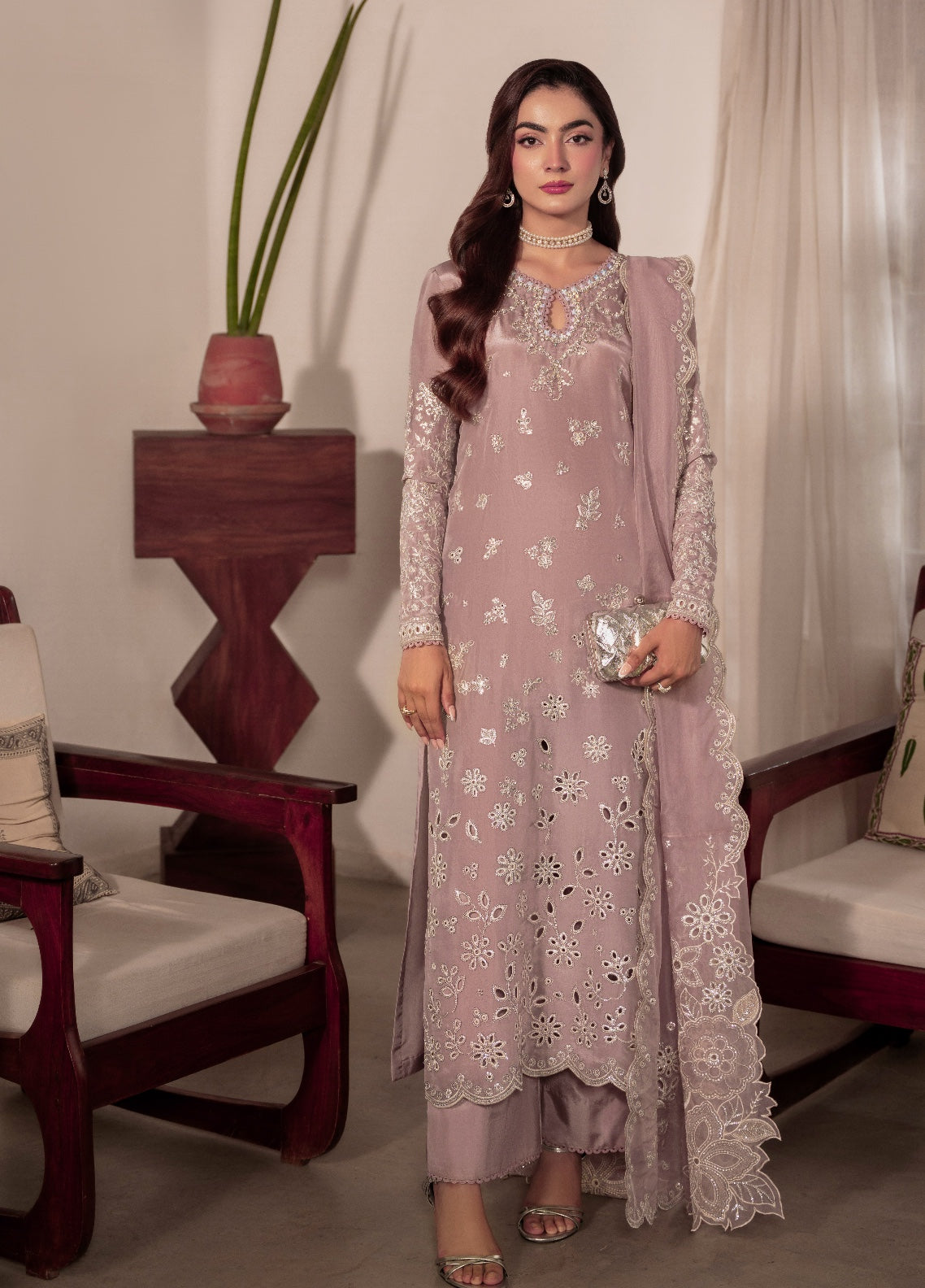 Amelia by Scherezade Women Pret Luxury Ramen Silk 3 Piece Maavi - Festive Collection