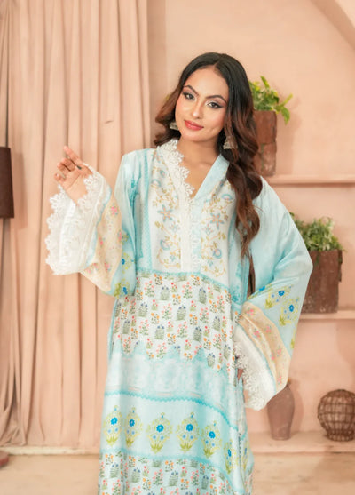 Madiha Gohar Pret Embroidered Malai Silk 2 Piece Suits Mint Mirage - Formals Collection