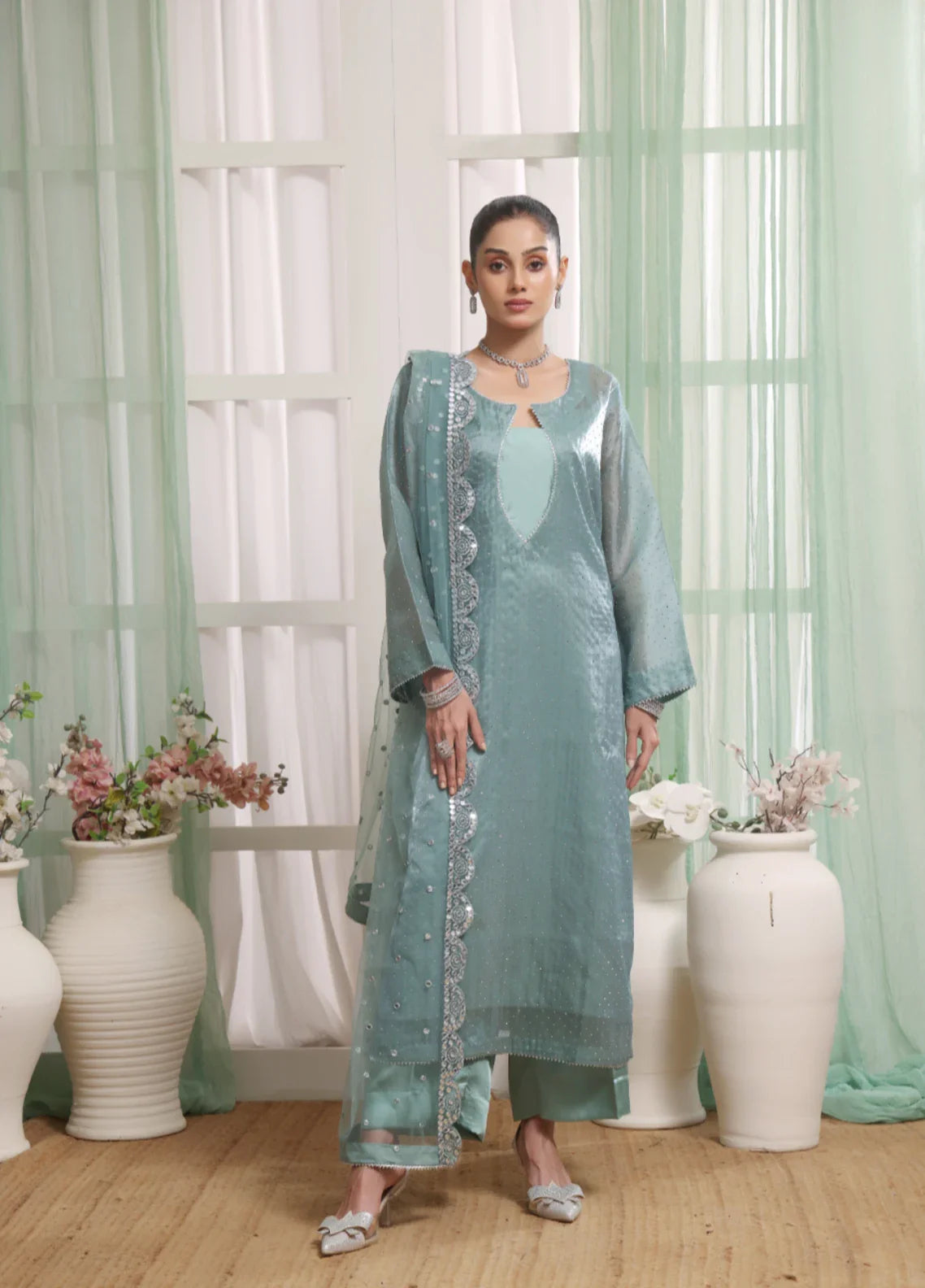 Madiha Gohar Pret Organza Stone work 3 Piece Suits Frosted Azure - Wedding Collection