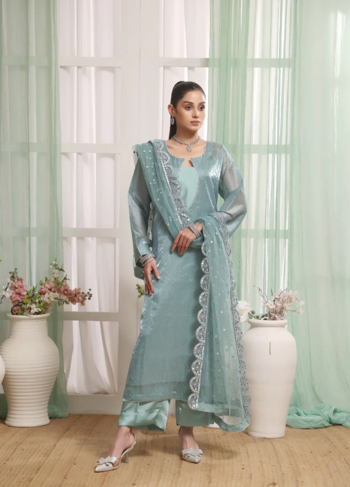 Madiha Gohar Pret Organza Stone work 3 Piece Suits Frosted Azure - Wedding Collection