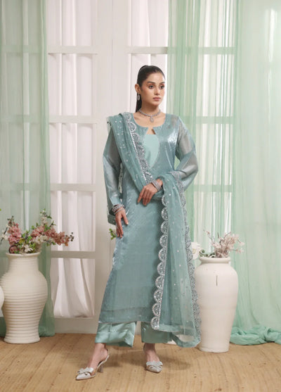 Madiha Gohar Pret Organza Stone work 3 Piece Suits Frosted Azure - Wedding Collection