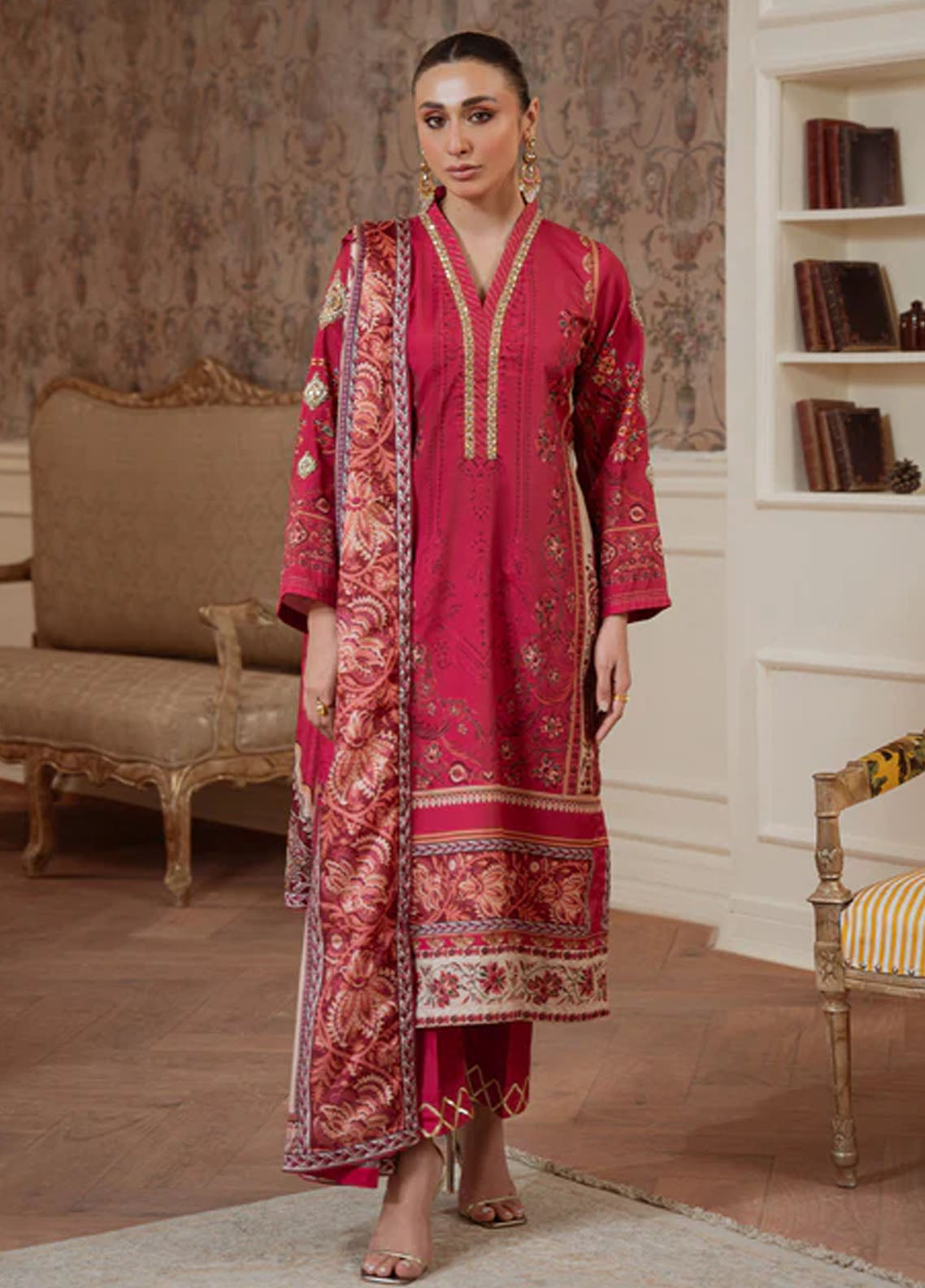 Veloure by Gulaal Embroidered Silk Suits Unstitched 3 Piece GL25VU GS - 01 Rosewood Majesty