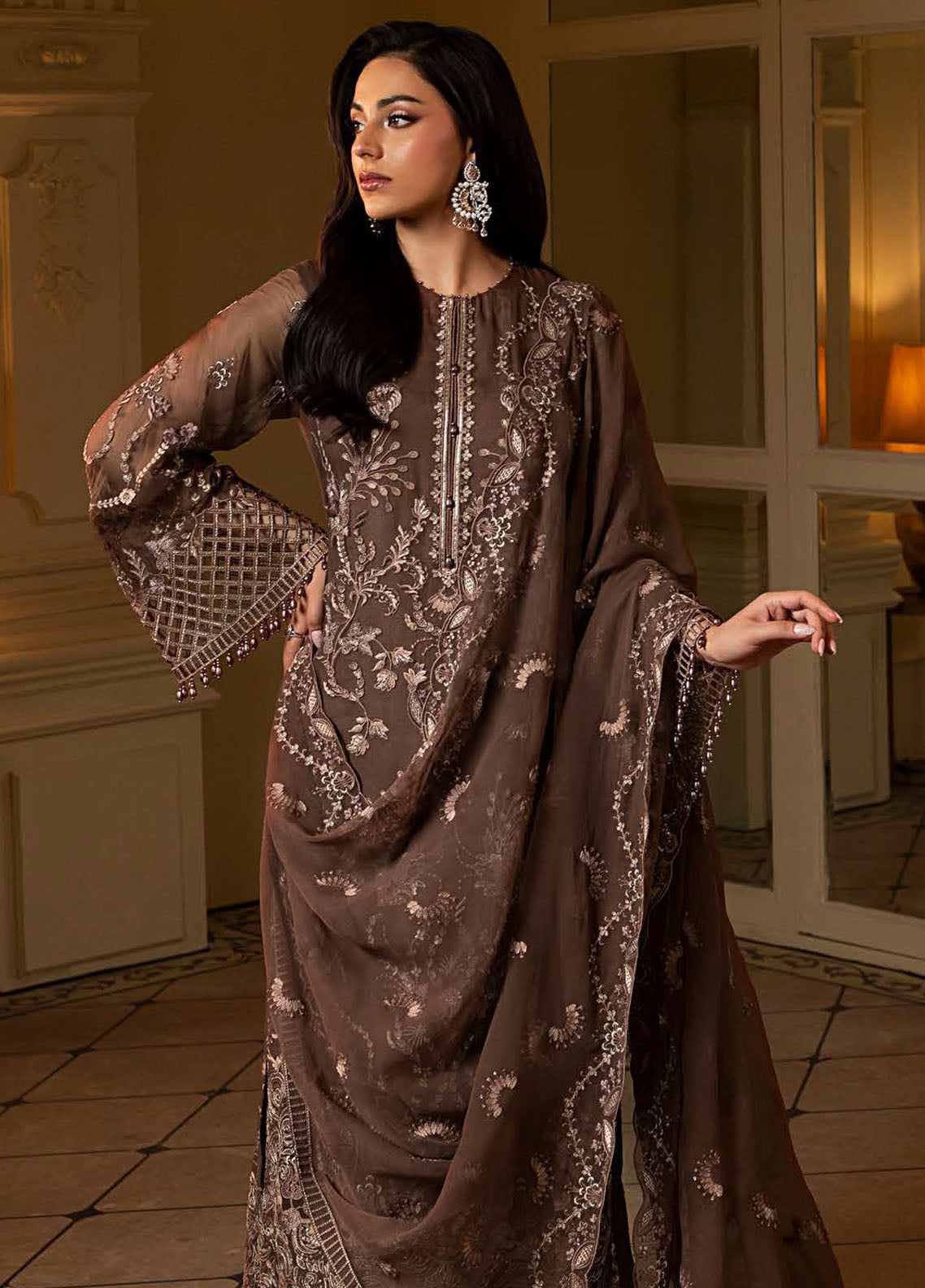 Aashnai by Lavish Embroidered Chiffon Suits Unstitched 3 Piece LVP24AC D-08 Mocha Bloom