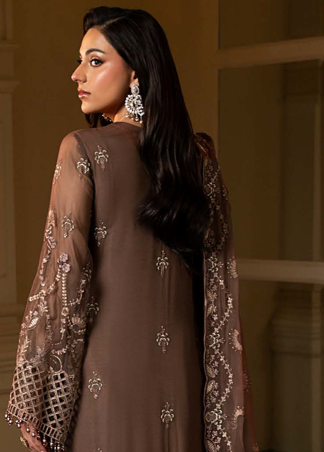 Aashnai by Lavish Embroidered Chiffon Suits Unstitched 3 Piece LVP24AC D-08 Mocha Bloom