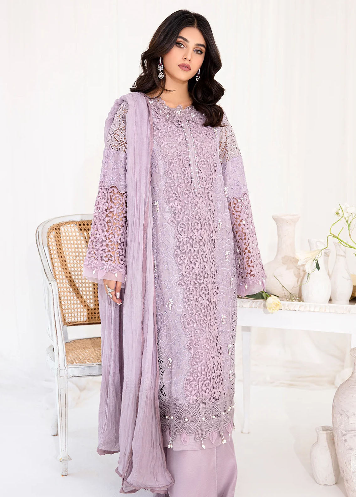 AJR Couture - Abbas Jamil Rajpoot Pret Embroidered Raw silk 4 Piece Suit Lilac