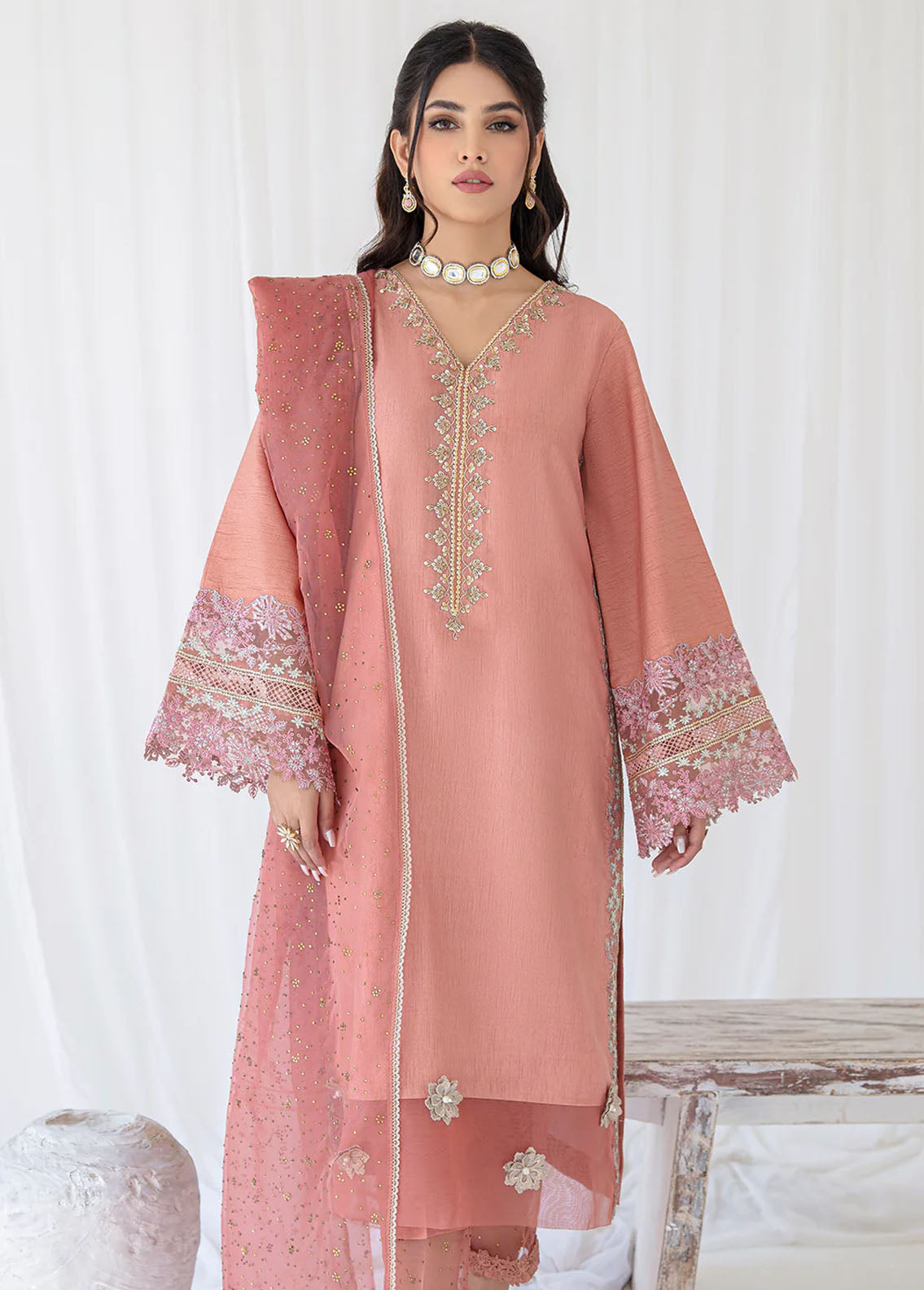 AJR Couture - Abbas Jamil Rajpoot Pret Embroidered Raw silk 3 Piece Suit Bergenia