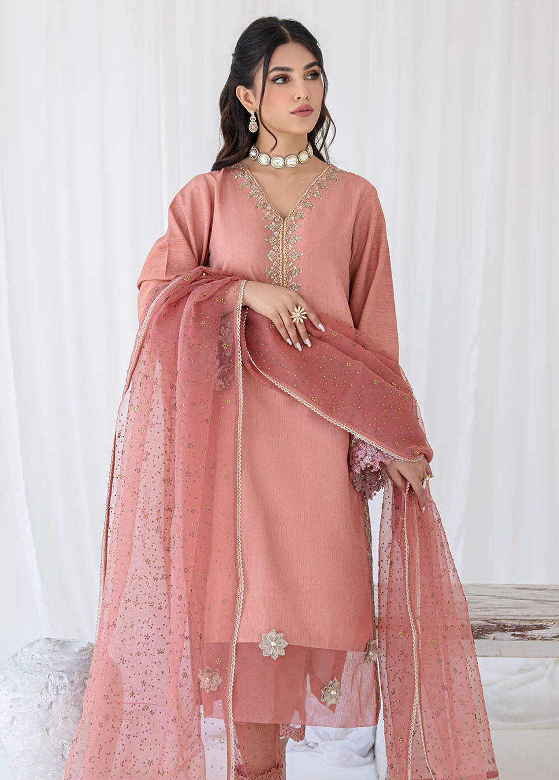 AJR Couture - Abbas Jamil Rajpoot Pret Embroidered Raw silk 3 Piece Suit Bergenia