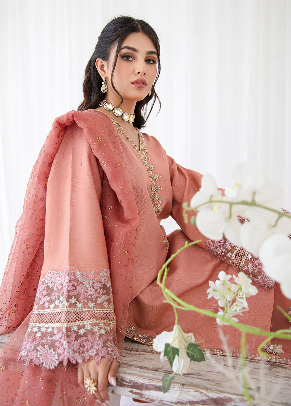 AJR Couture - Abbas Jamil Rajpoot Pret Embroidered Raw silk 3 Piece Suit Bergenia