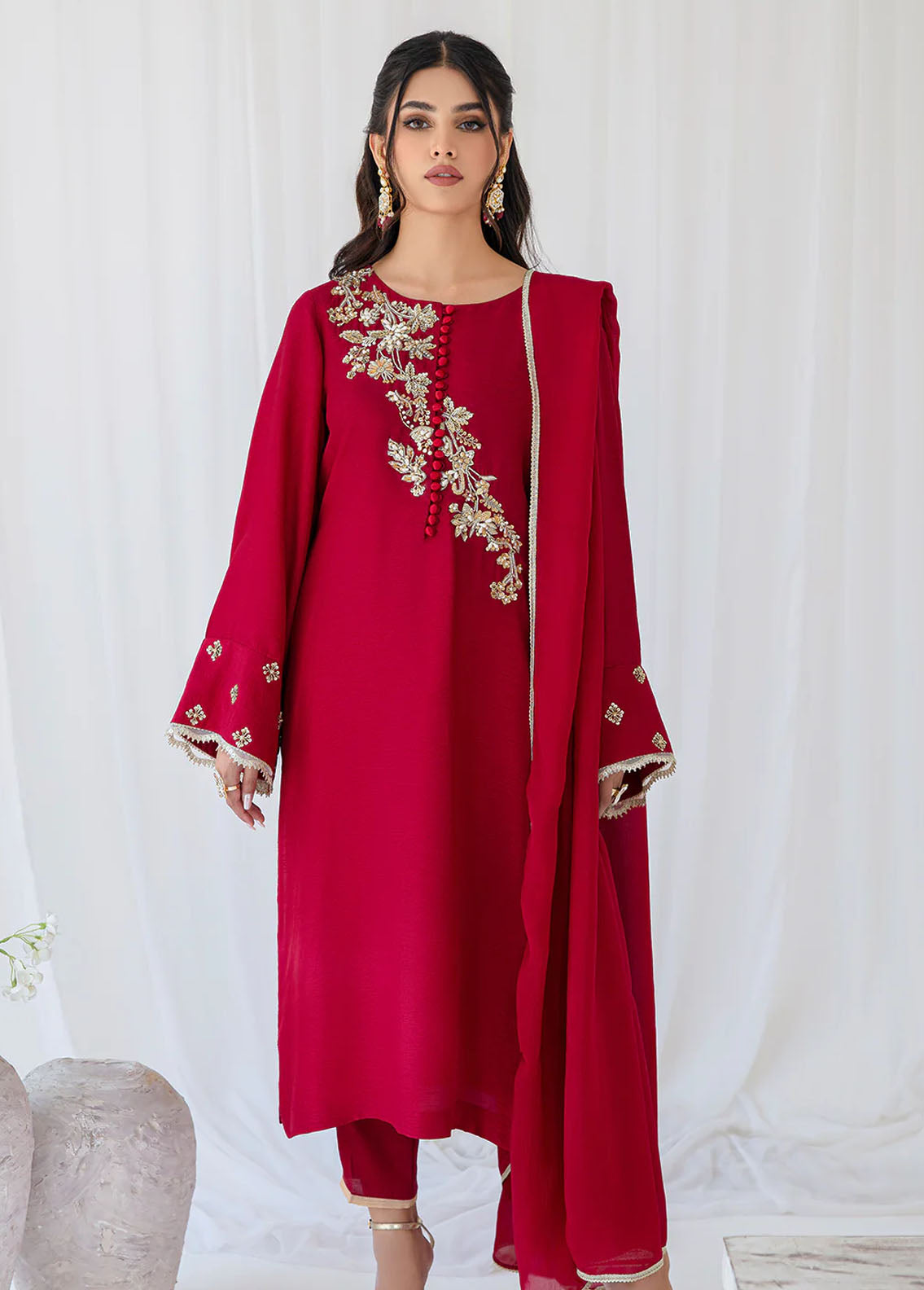 AJR Couture - Abbas Jamil Rajpoot Pret Embroidered Raw silk 3 Piece Suit Celosia