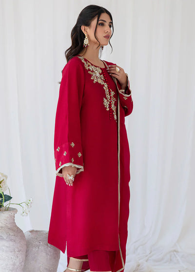 AJR Couture - Abbas Jamil Rajpoot Pret Embroidered Raw silk 3 Piece Suit Celosia