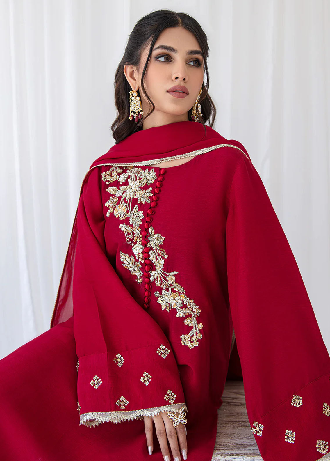 AJR Couture - Abbas Jamil Rajpoot Pret Embroidered Raw silk 3 Piece Suit Celosia