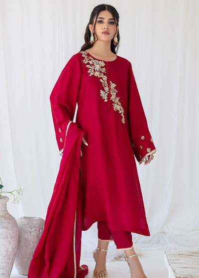 AJR Couture - Abbas Jamil Rajpoot Pret Embroidered Raw silk 3 Piece Suit Celosia