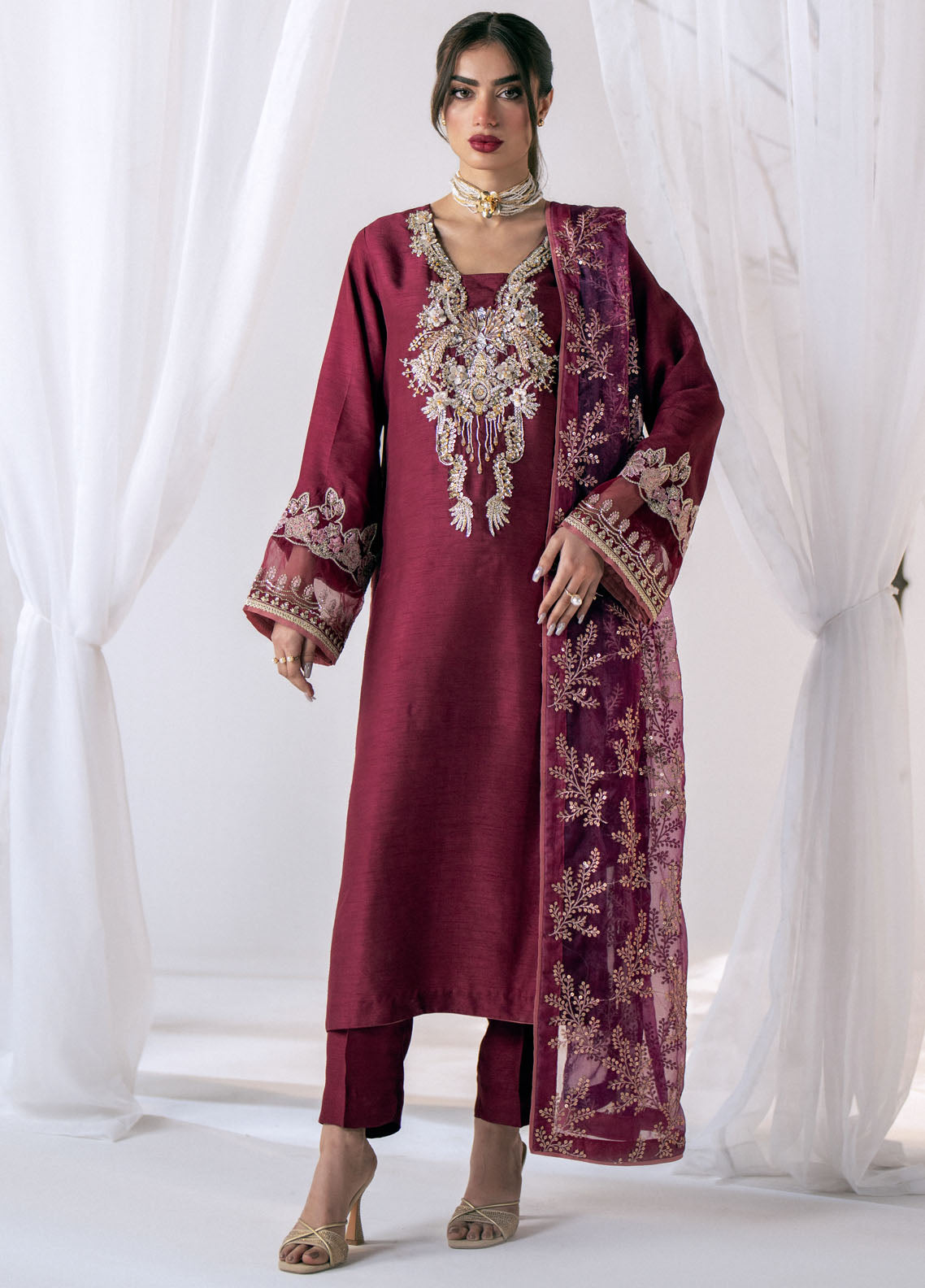 AJR Couture Pret Embroidered Raw Silk 3 Piece Suit SCARLET