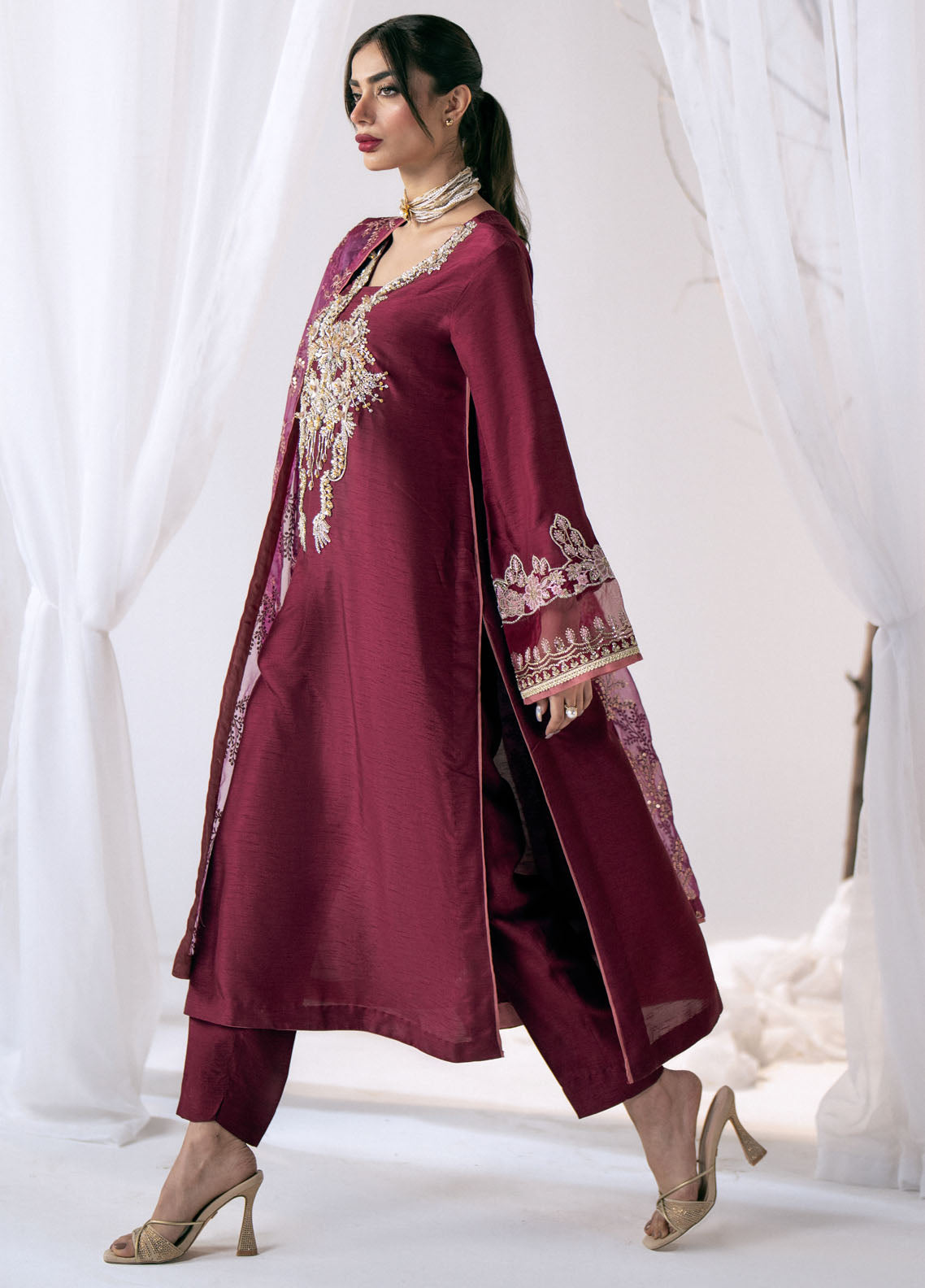 AJR Couture Pret Embroidered Raw Silk 3 Piece Suit SCARLET