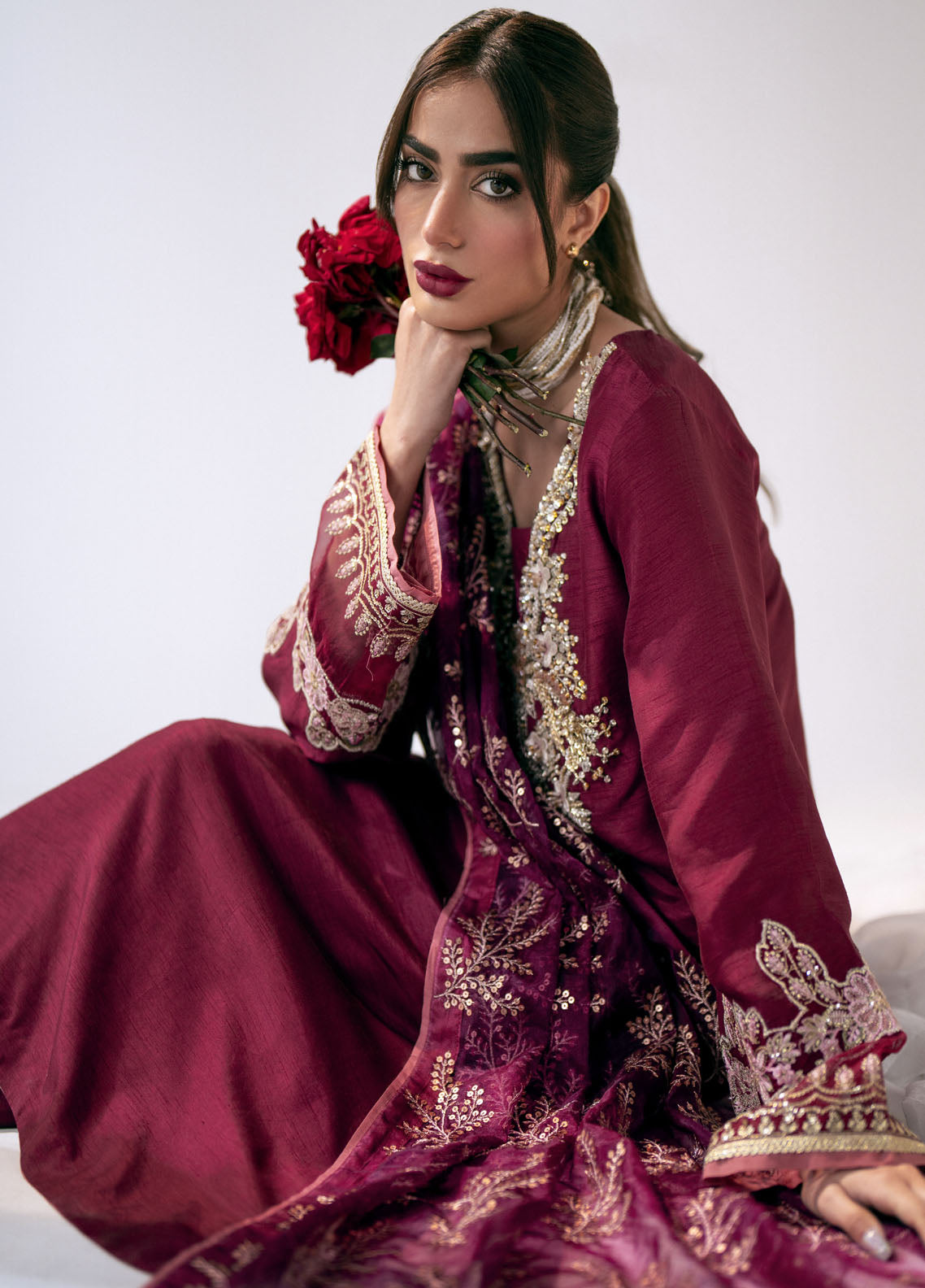 AJR Couture Pret Embroidered Raw Silk 3 Piece Suit SCARLET