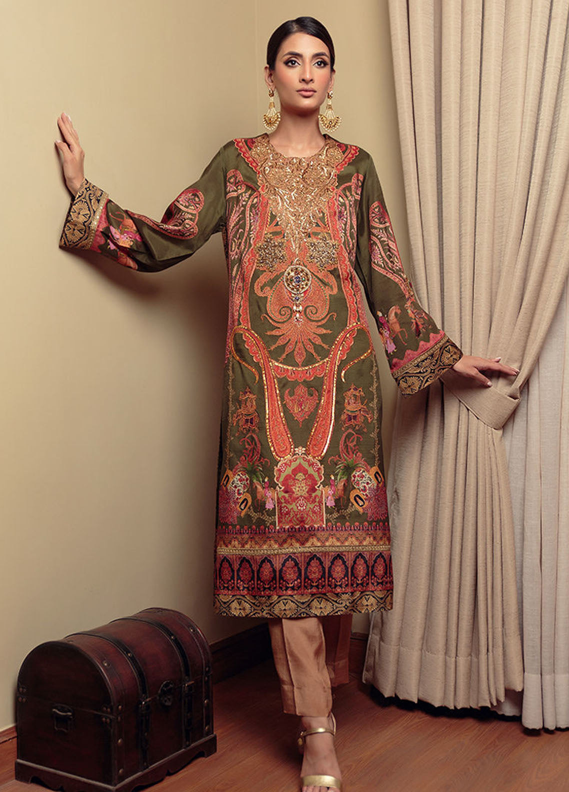 Shamaeel Ansari Pret Luxury Silk Shirt SHA23A Olives