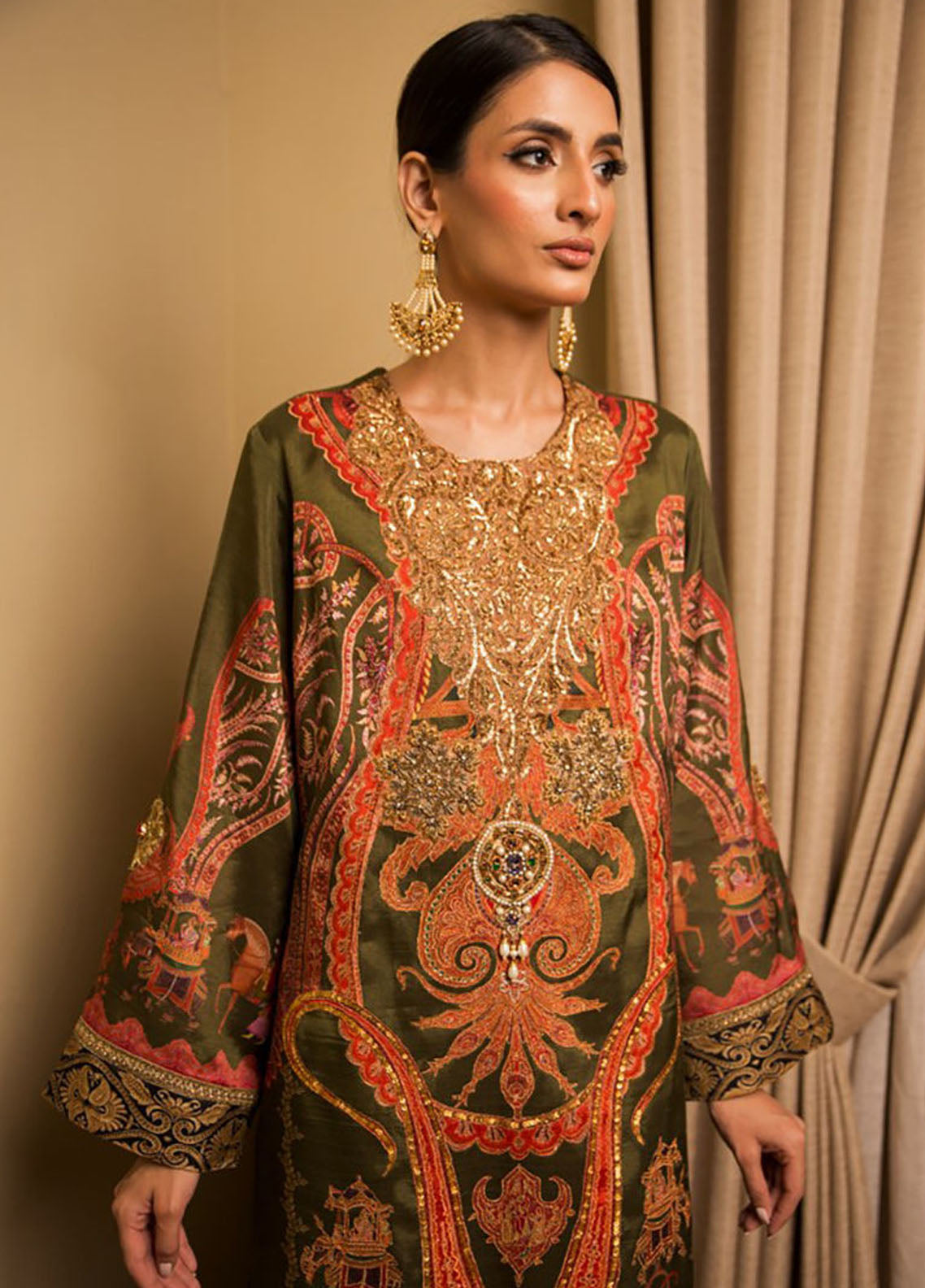 Shamaeel Ansari Pret Luxury Silk Shirt SHA23A Olives