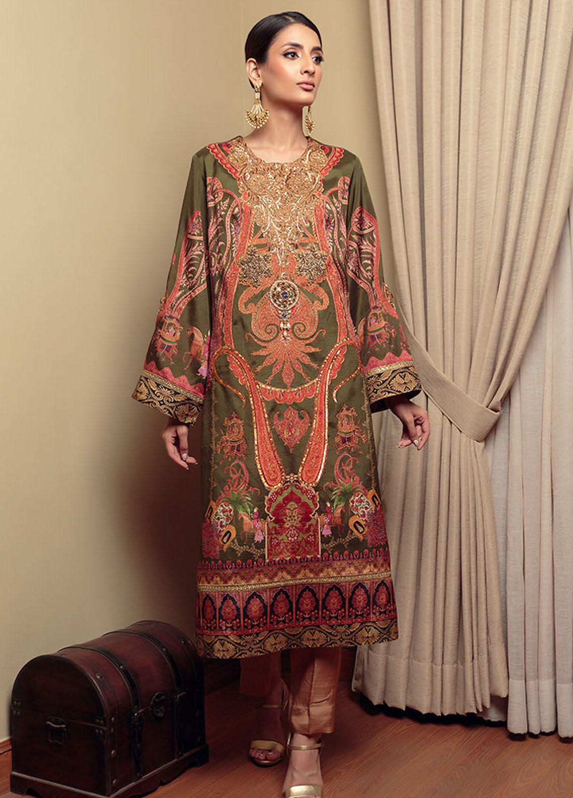 Shamaeel Ansari Pret Luxury Silk Shirt SHA23A Olives