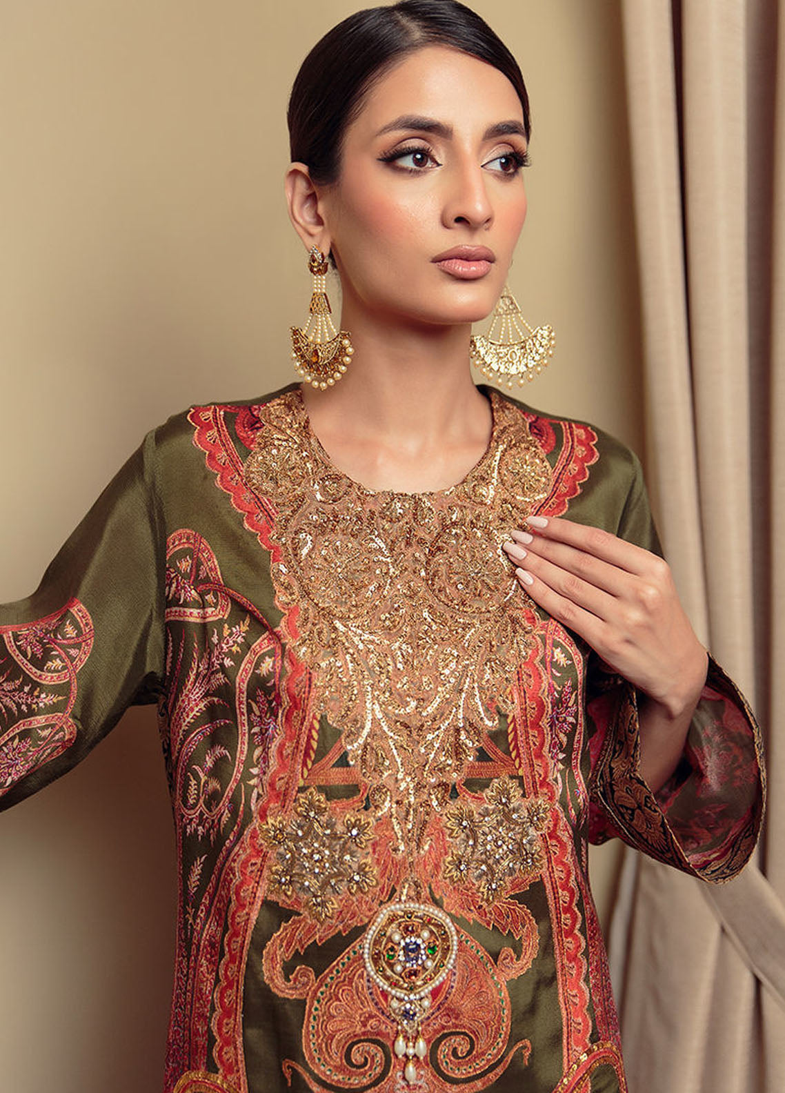 Shamaeel Ansari Pret Luxury Silk Shirt SHA23A Olives