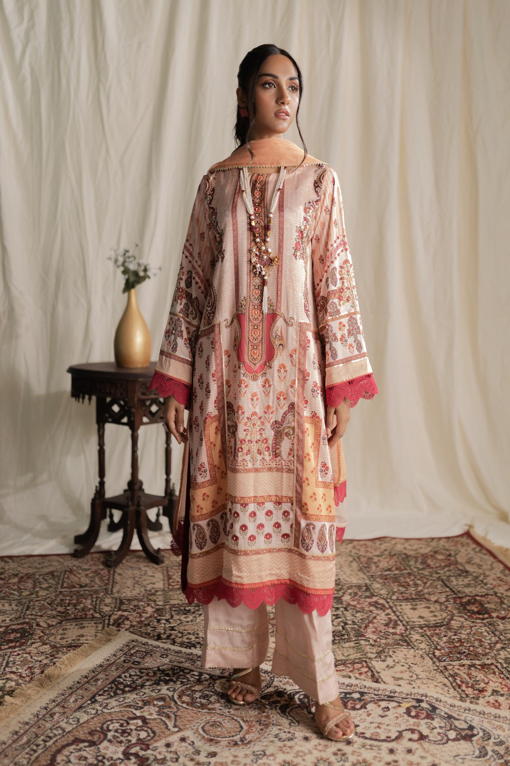 Aisha Fatema Pret Printed Silk 3 Piece Suit Coral