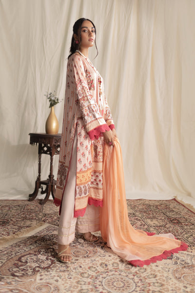 Aisha Fatema Pret Printed Silk 3 Piece Suit Coral