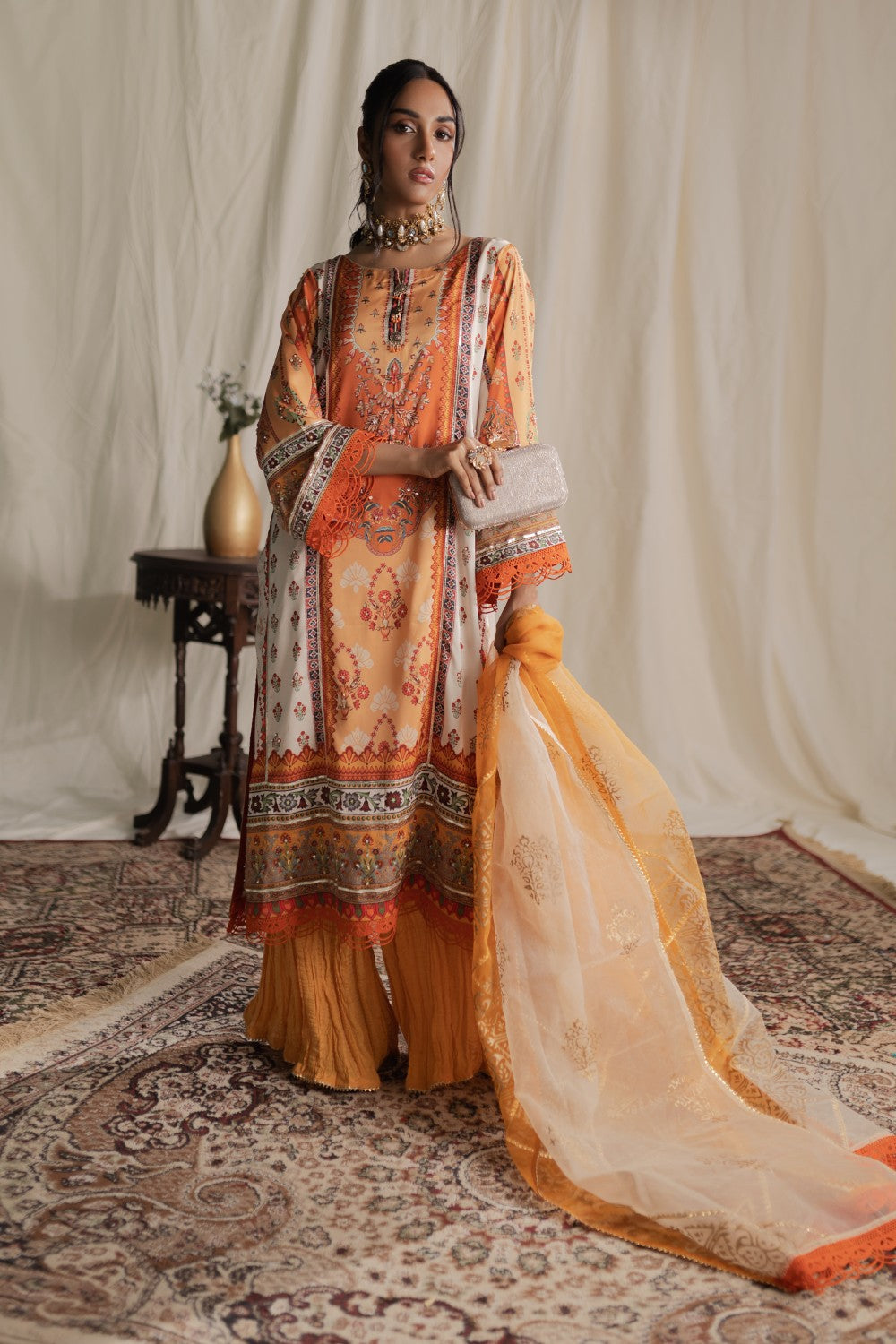 Aisha Fatema Pret Printed Silk 3 Piece Suit Tangerine