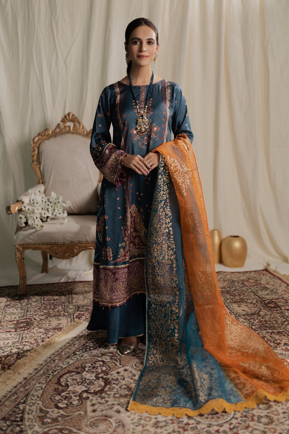 Aisha Fatema Pret Printed Silk 3 Piece Suit Teal