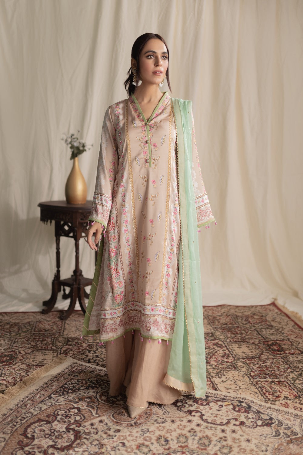 Aisha Fatema Pret Printed Silk 3 Piece Suit Vanilla