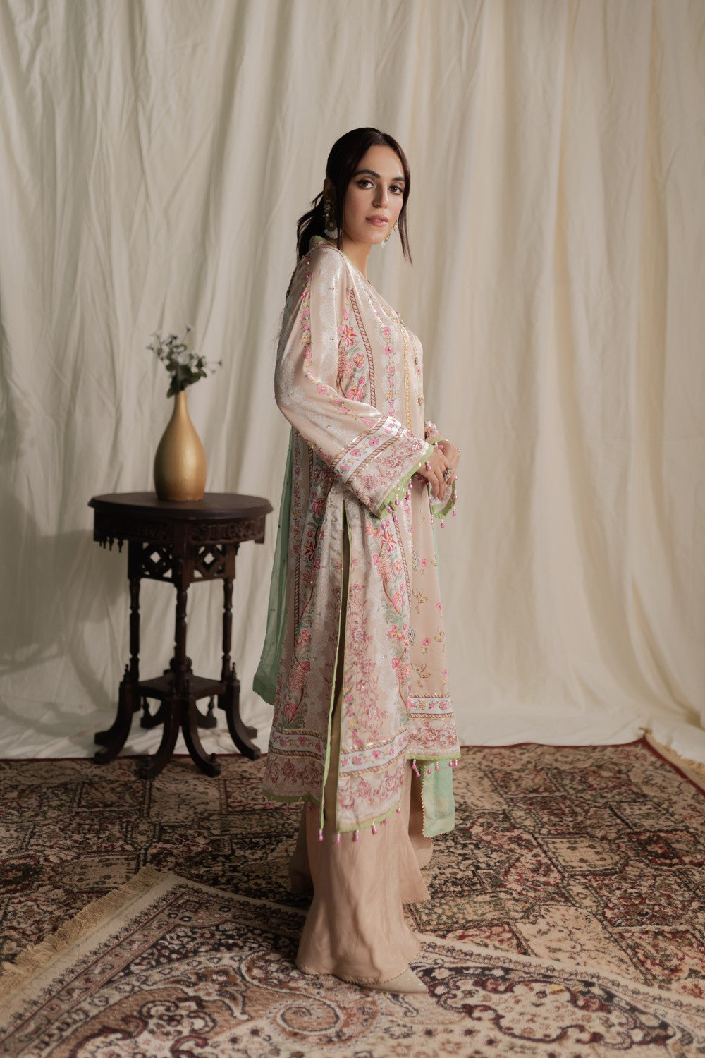 Aisha Fatema Pret Printed Silk 3 Piece Suit Vanilla