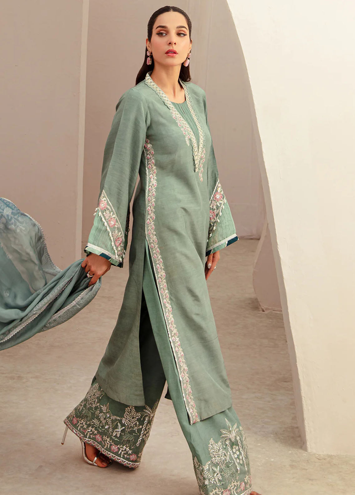 Ajr Couture Pret Embroidered Raw Silk 3 Piece Suit Raya