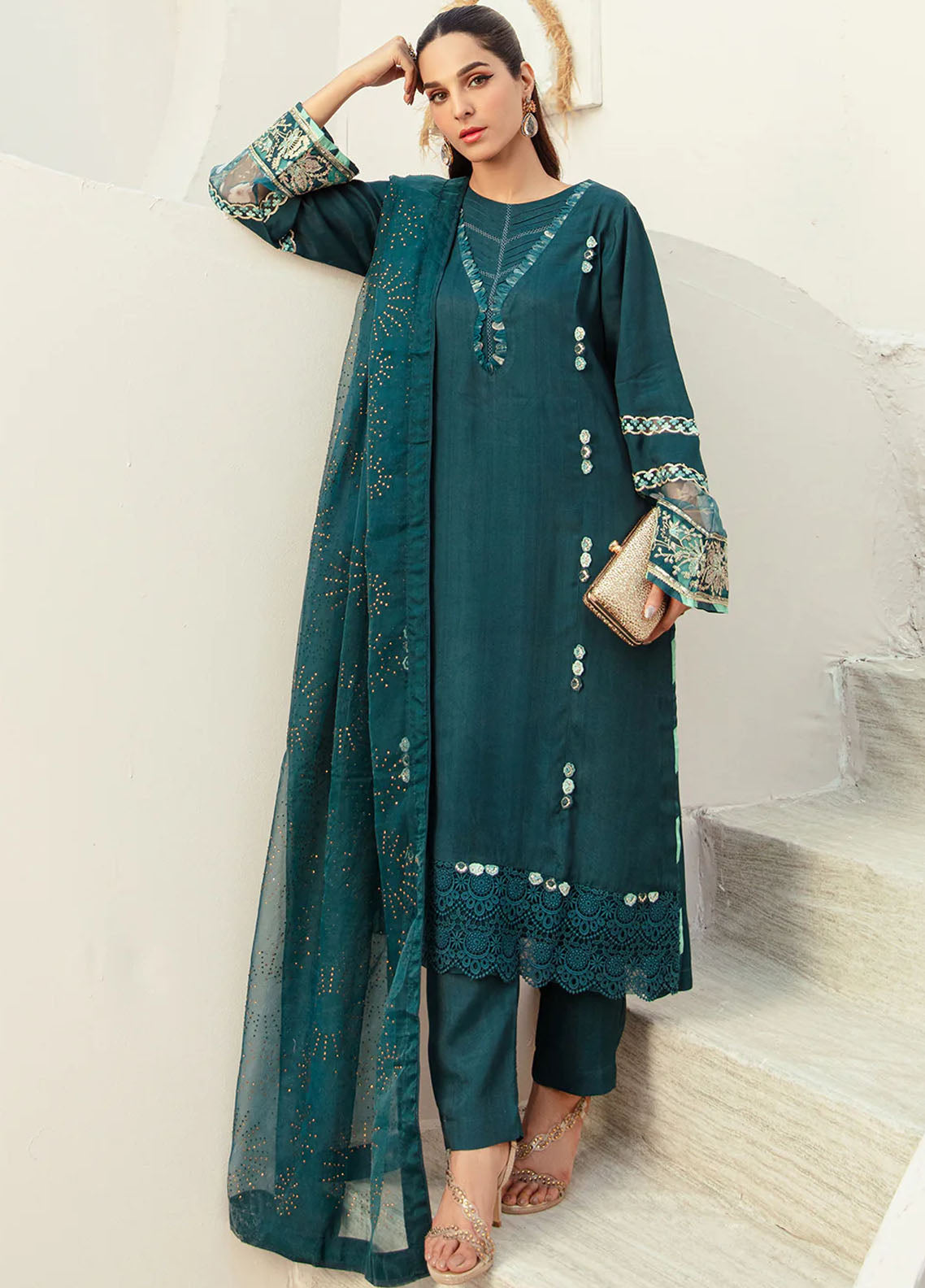 Ajr Couture Pret Embroidered Raw Silk 3 Piece Suit Sapphire Splash