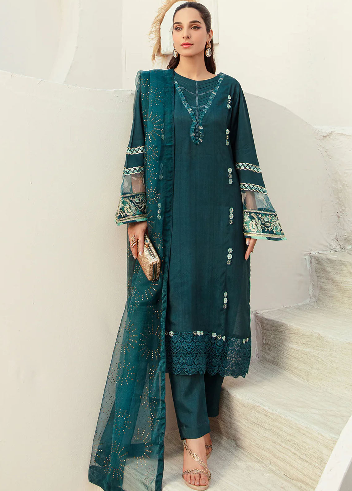 Ajr Couture Pret Embroidered Raw Silk 3 Piece Suit Sapphire Splash