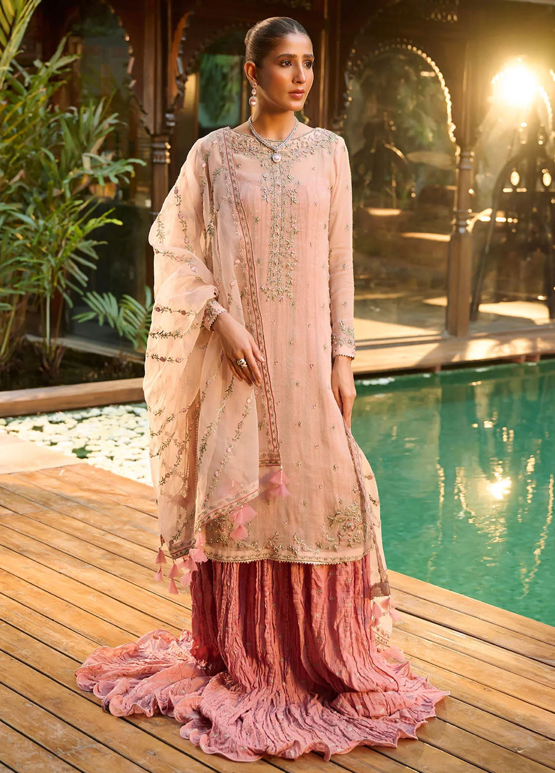 Dhanak Pret Luxury Khaadi Net 3 Piece Suit HF-3003 L-Pink