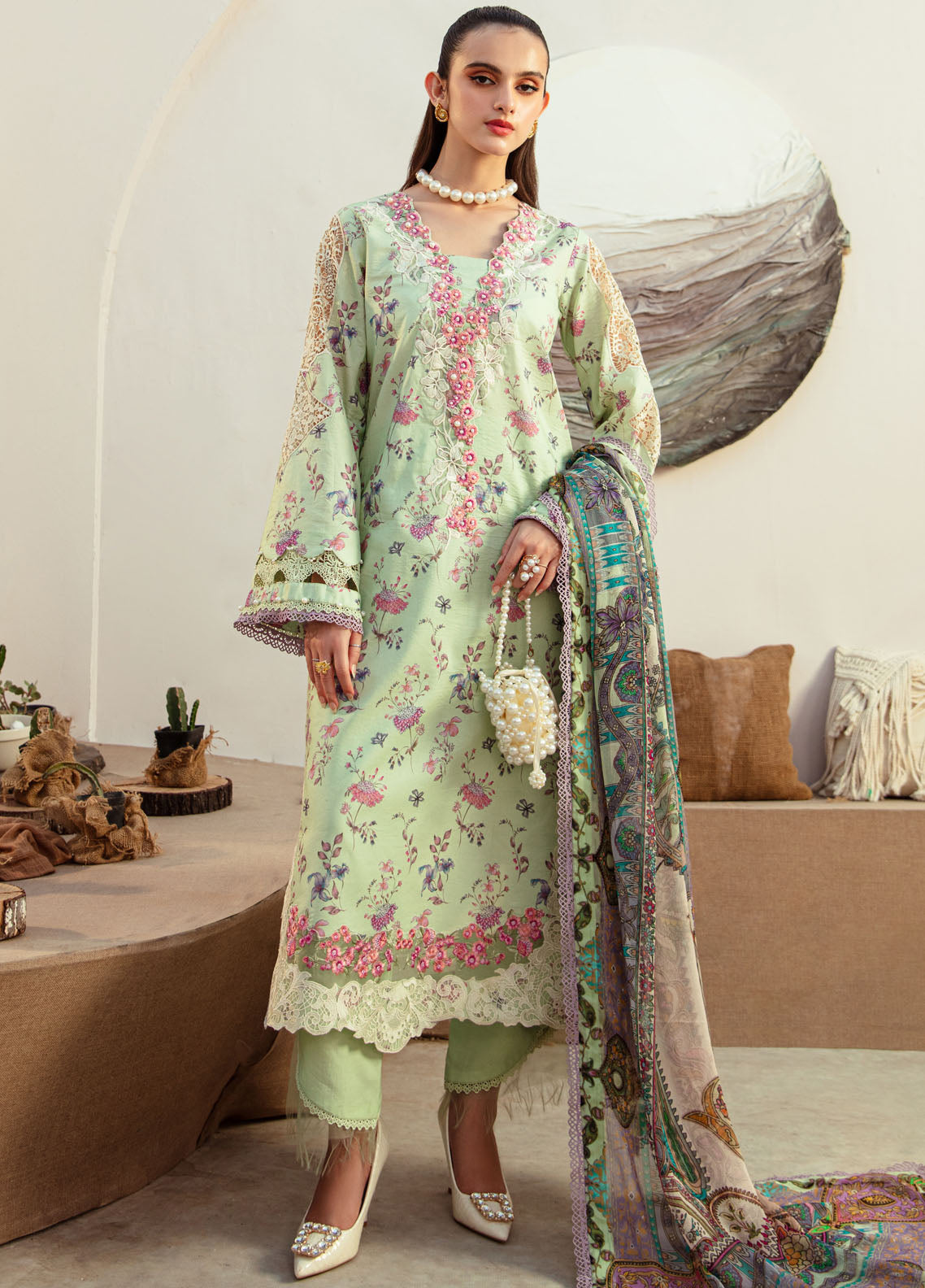 Alif Affordable by Ajr Couture Unstitched Lawn Collection 2024 AFL-08 Mint Magic