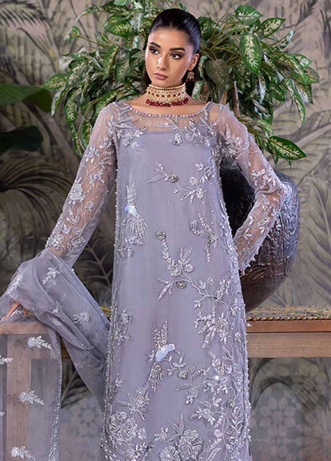 Amber Imran Pret Embroidered Organza 4 Piece Suit Silver mist