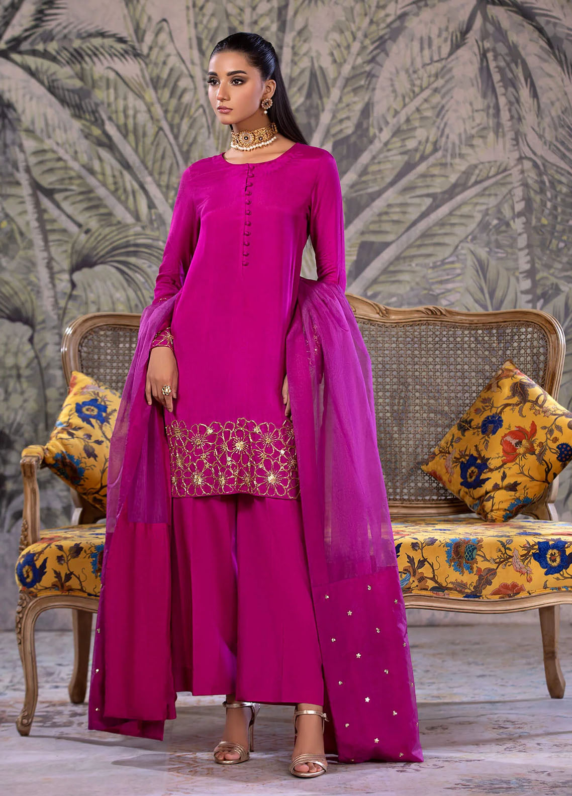 Amber Imran Pret Embroidered Raw Silk 3 Piece Suit Fuchia flair