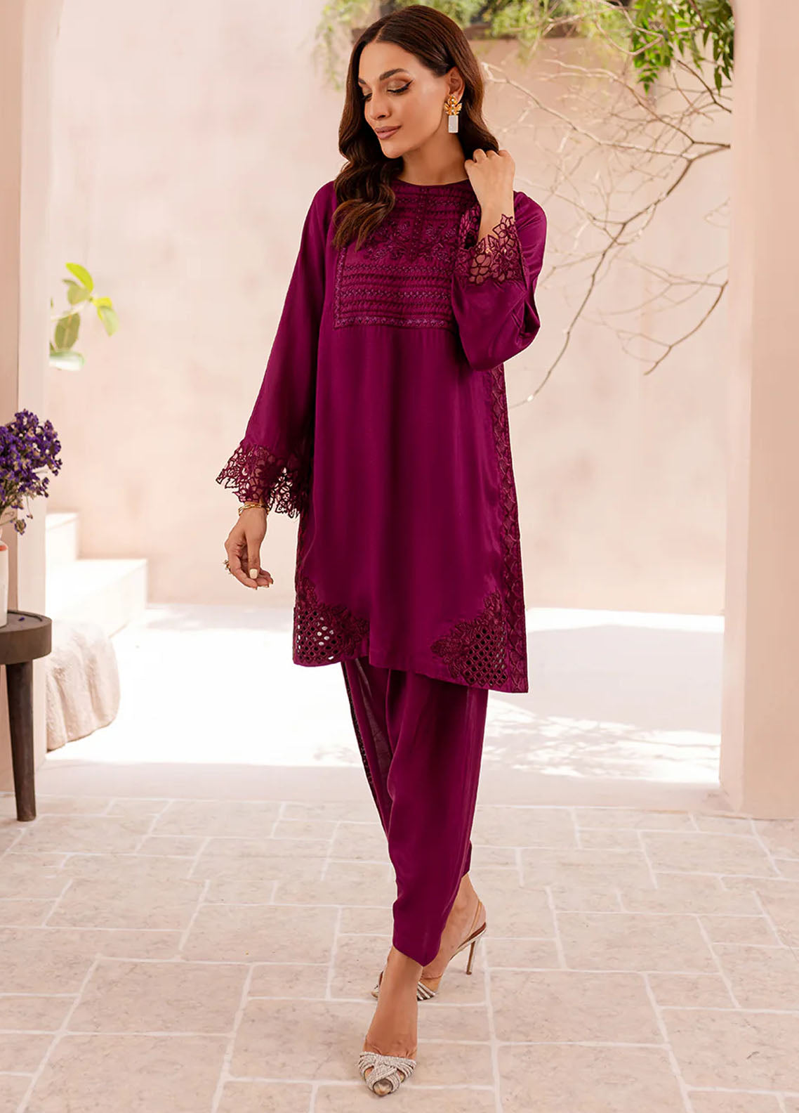 Azure Pret Embroidered Silk 2 Piece Suit Mauve Mirage