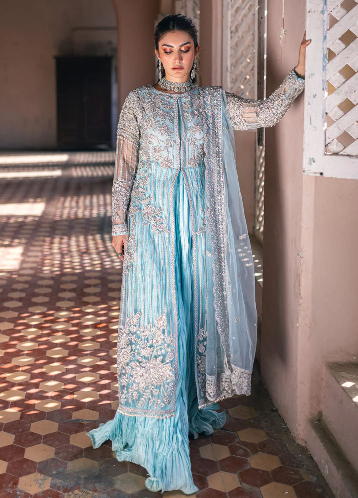 Azure Pret Embroidered Net 4 Piece Suit Mah Jabeen