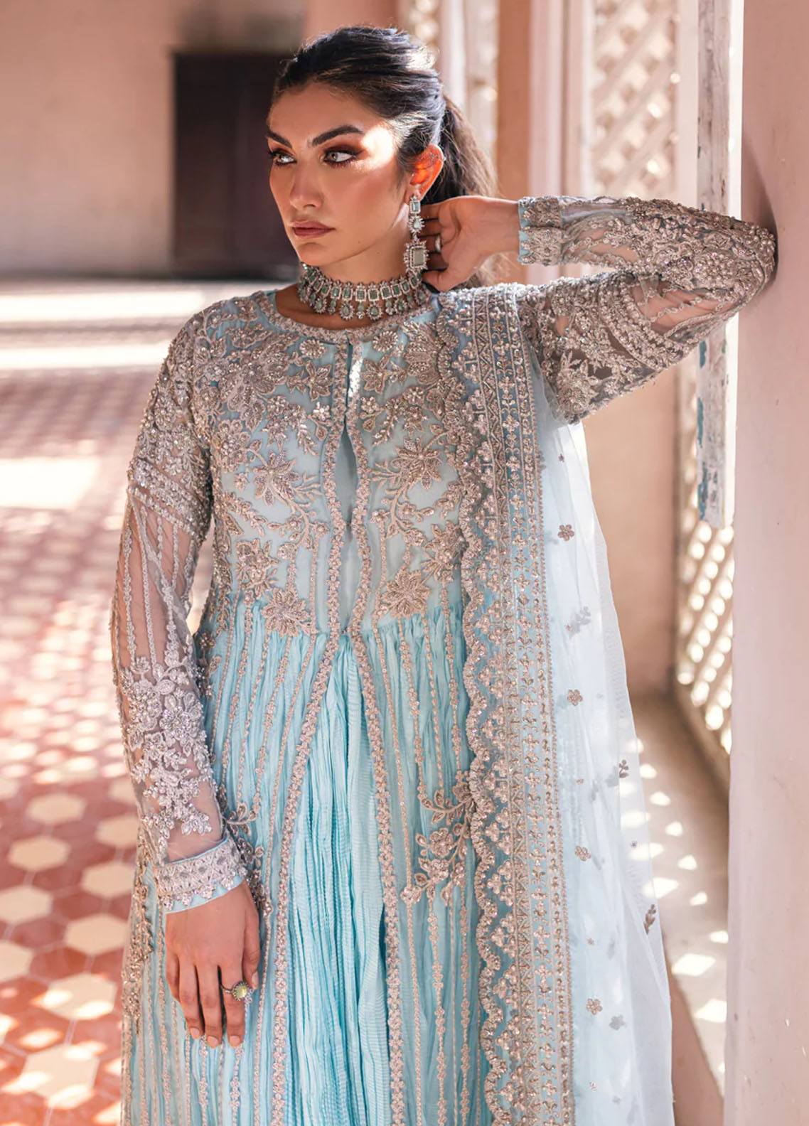 Azure Pret Embroidered Net 4 Piece Suit Mah Jabeen