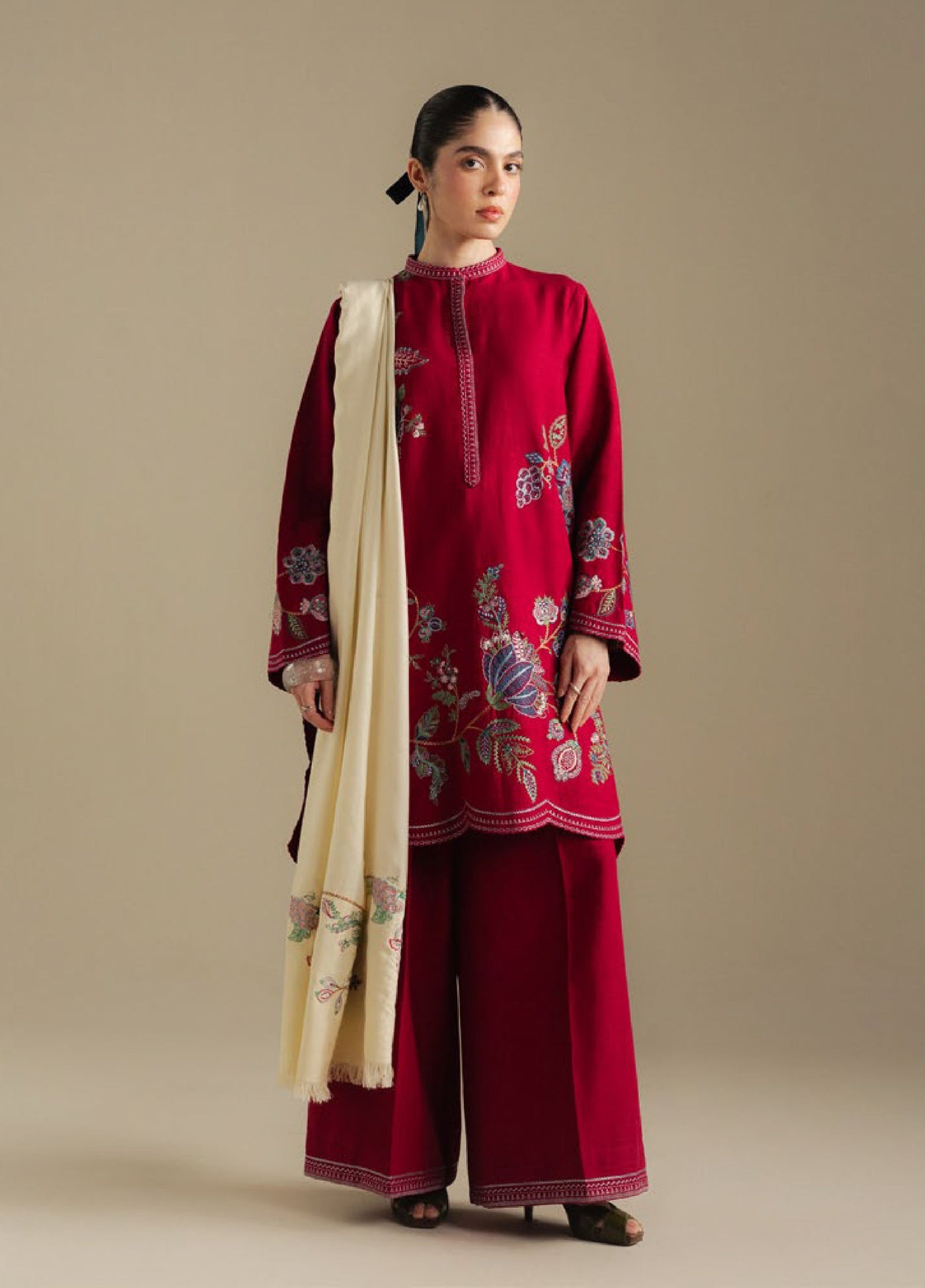 Coco by Zara Shahjahan Unstitched Winter Khaddar Embroidered Suits 3 Piece CZS25WU D-03 B Berry - Winter Collection