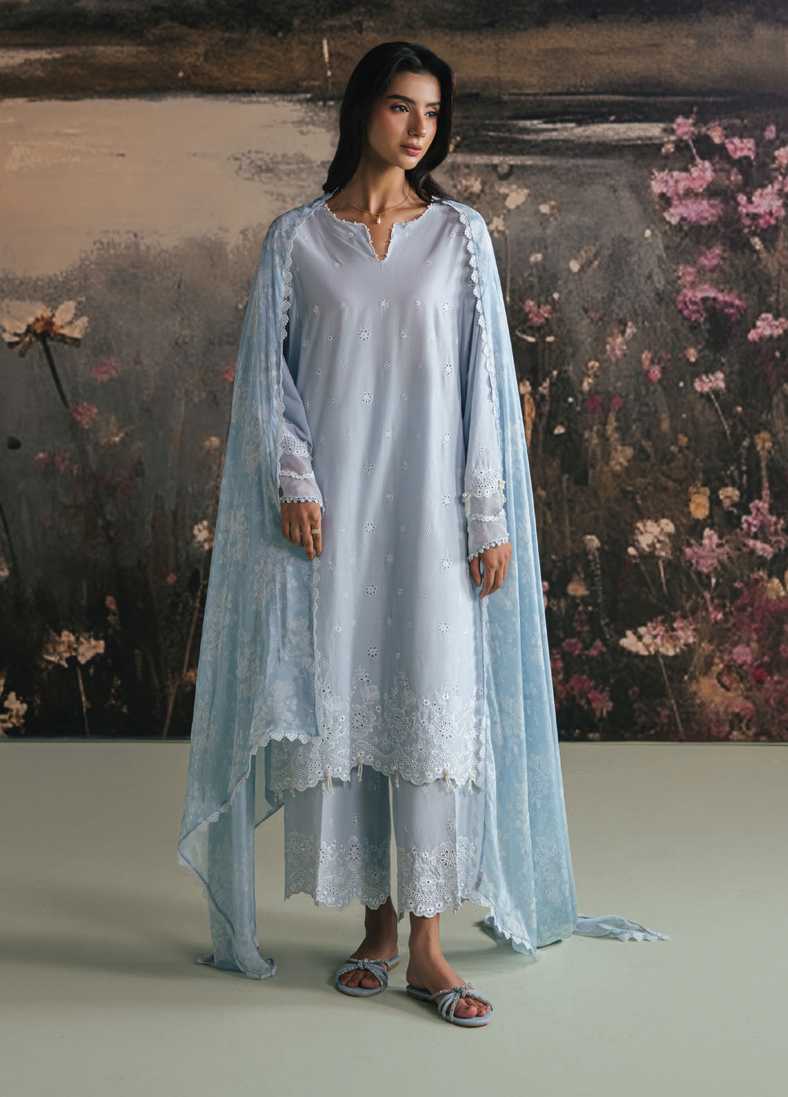 Cross Stitch Embroidered Lawn Suits Unstitched 3 Piece CS25UE D-08 Whispy Blue