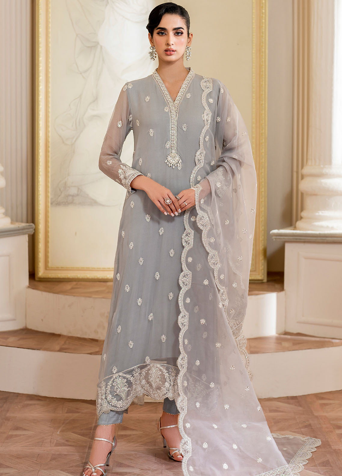 Declare Embroidered Chiffon Suits Unstitched 4 Piece DC24CL LFP-1108 Dove - Formals Collection