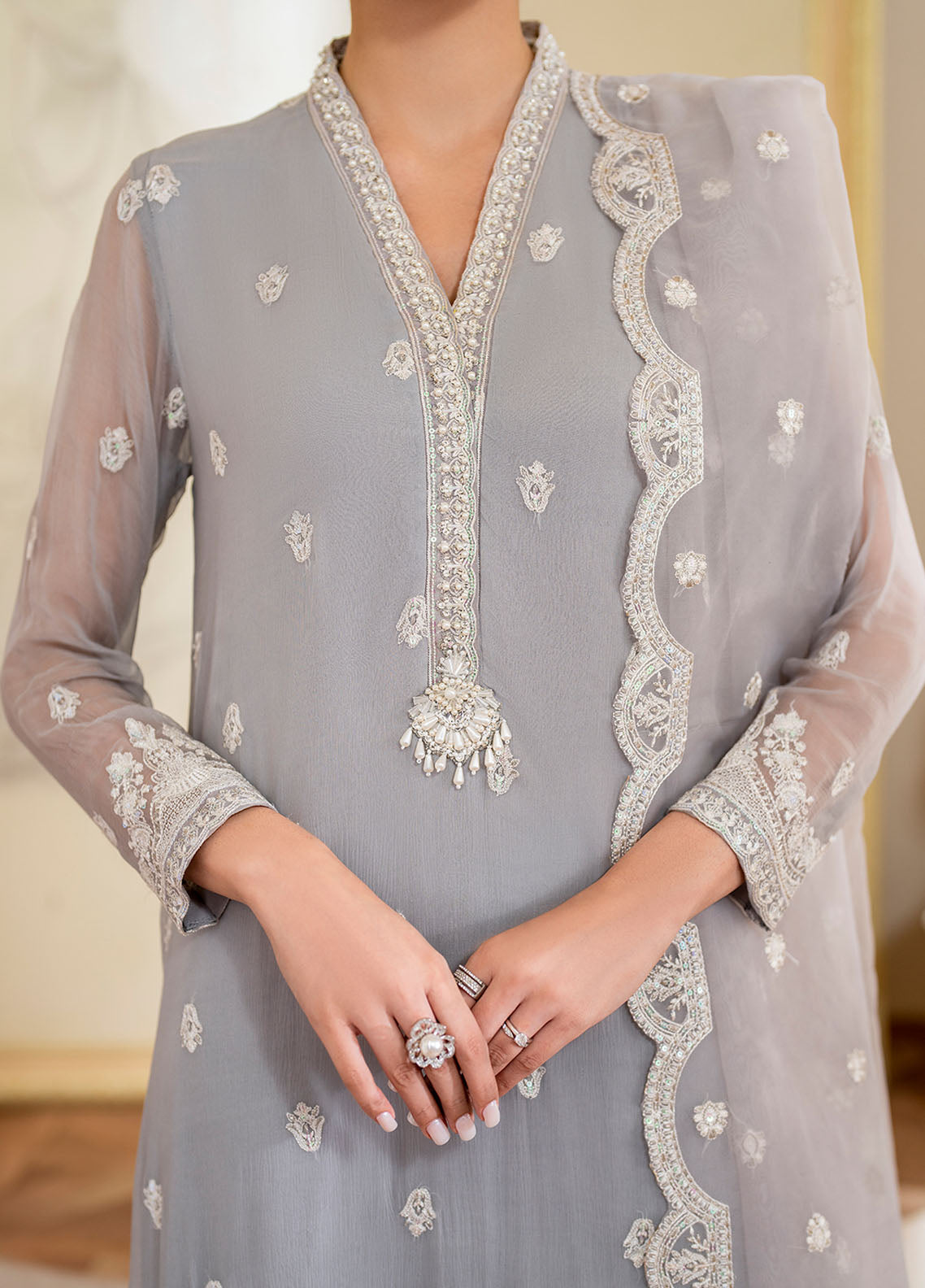 Declare Embroidered Chiffon Suits Unstitched 4 Piece DC24CL LFP-1108 Dove - Formals Collection