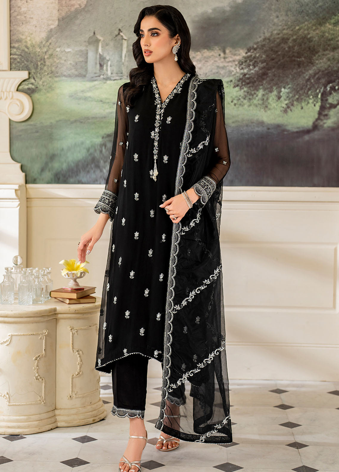 Declare Embroidered Chiffon Suits Unstitched 4 Piece DC24CL LFP-1109 Midnight - Formals Collection