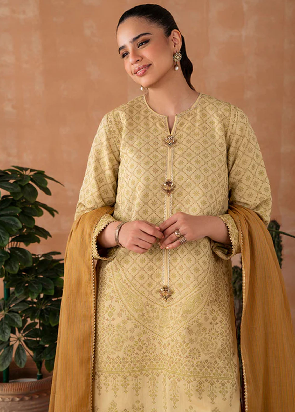 Declare Pret Printed Jacquard 3 Piece Suit P1080-Beige