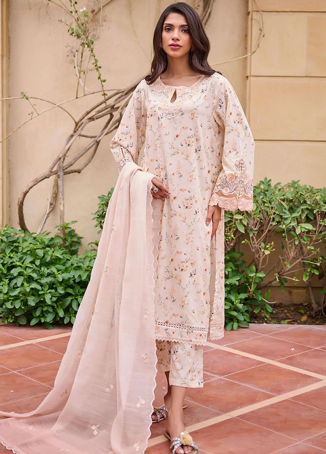 Dhanak Pret Embroidered Cotton 2 Piece Suit DHK23-D2 DC-2229 BEIGE