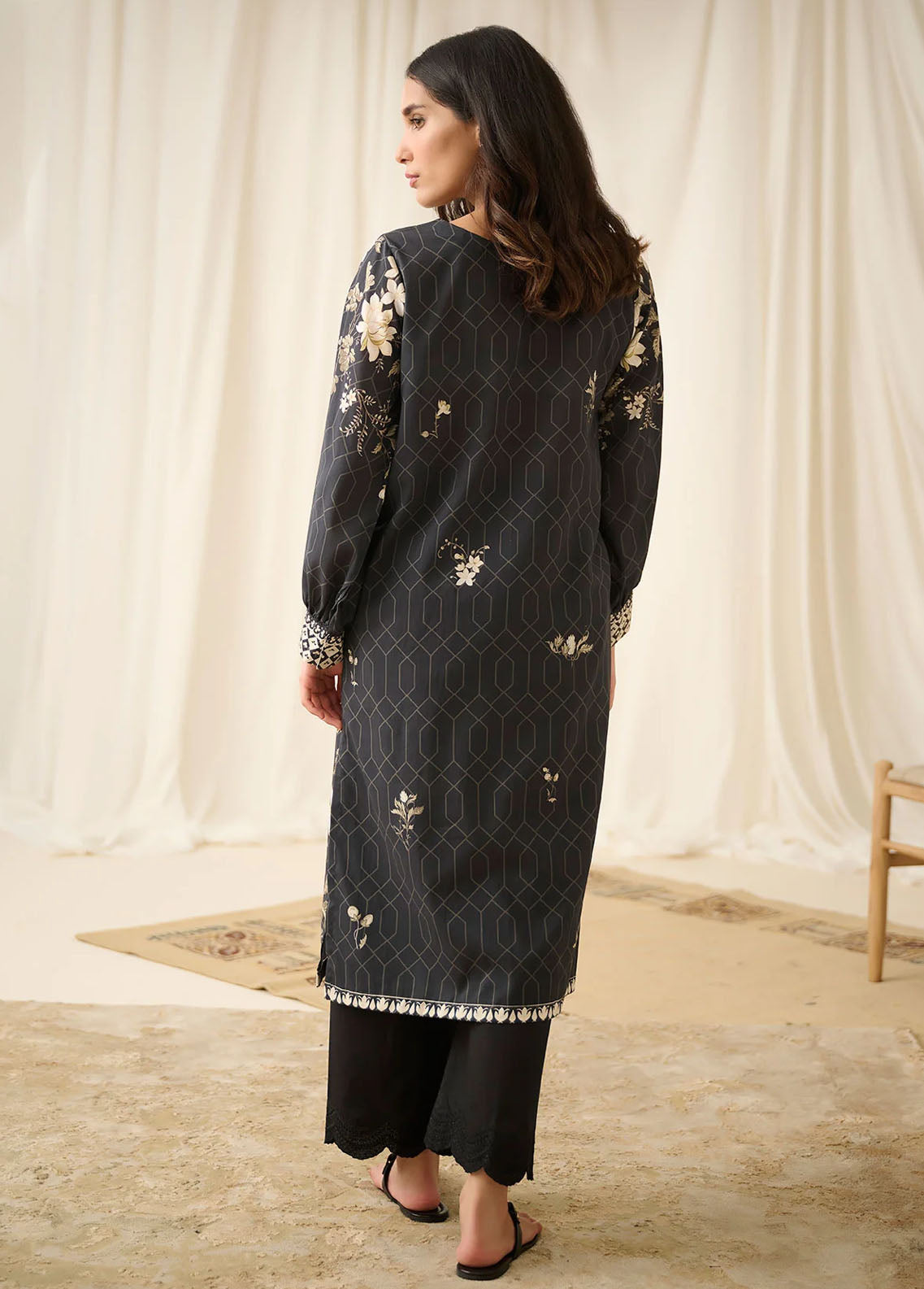 Dhanak Pret Embroidered Lawn Kurti DHK23BW DC-0513 BLACK