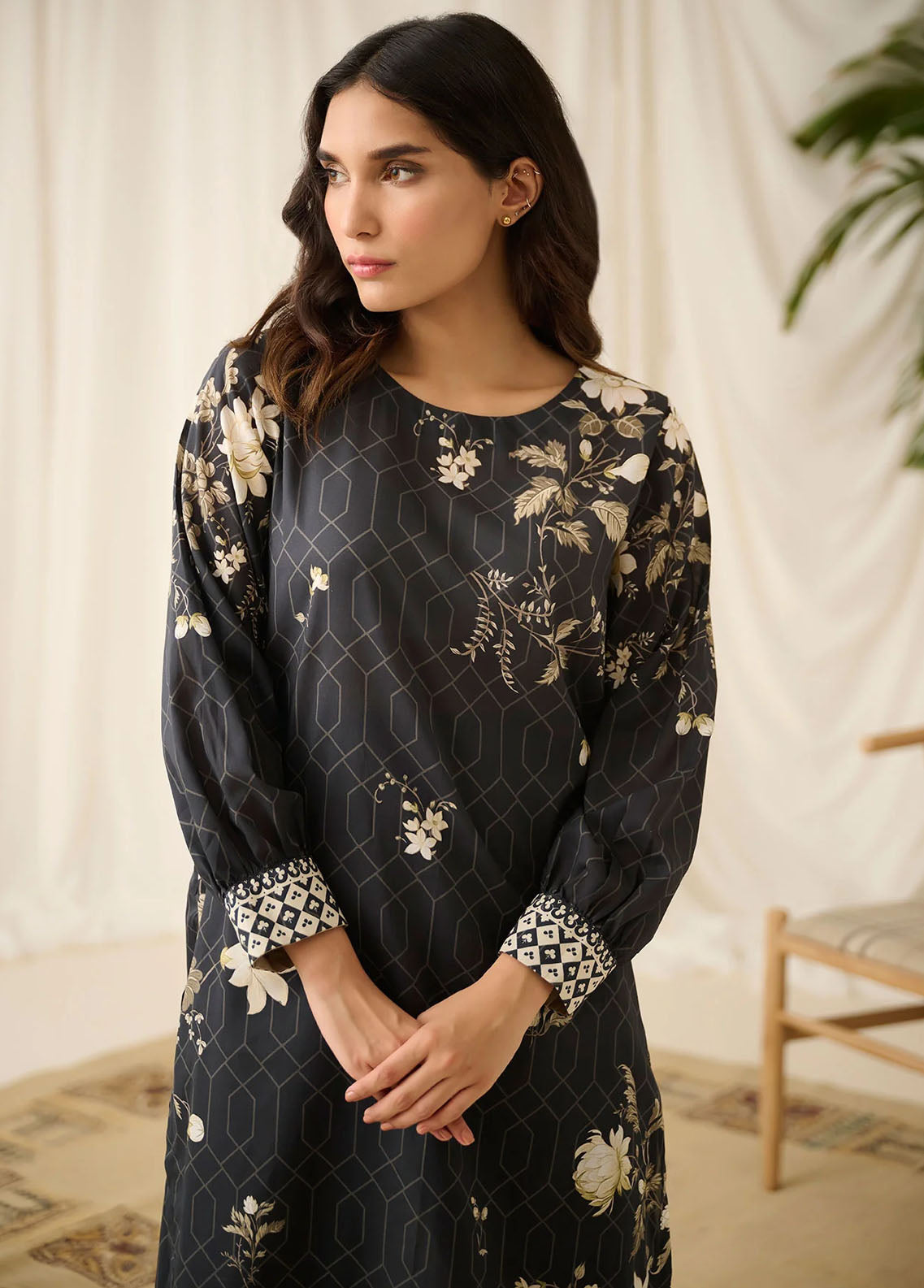 Dhanak Pret Embroidered Lawn Kurti DHK23BW DC-0514 BLACK