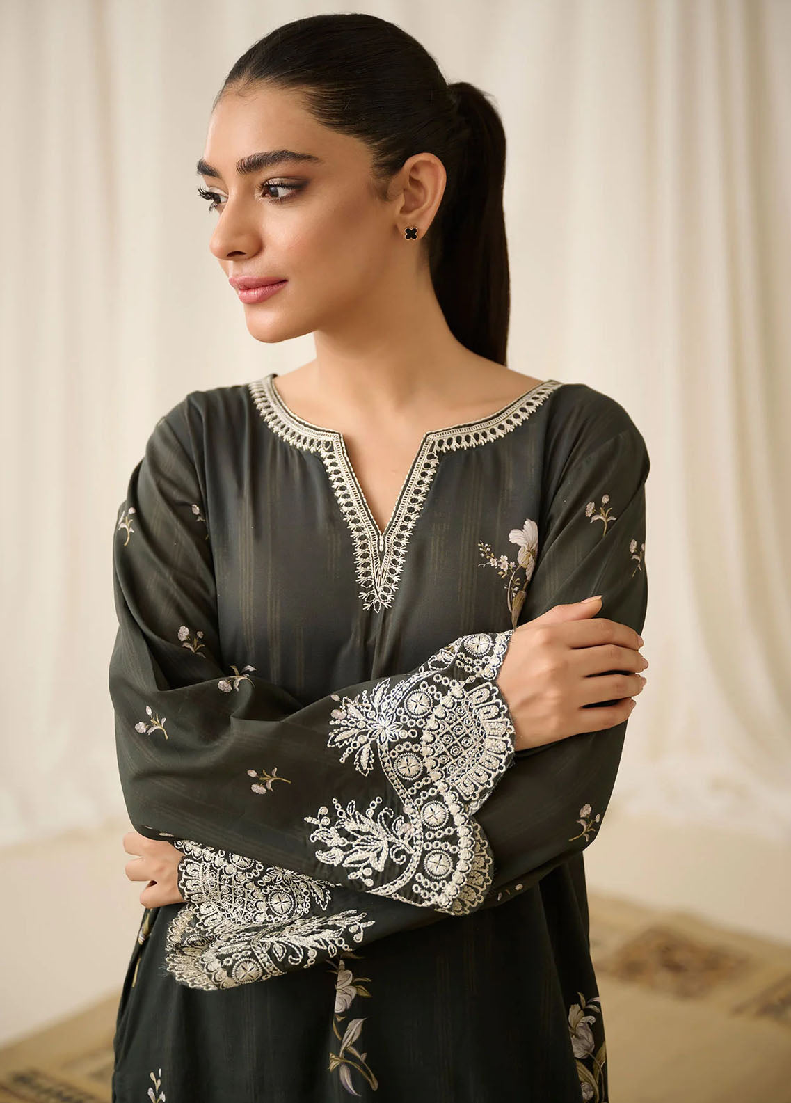 Dhanak Pret Embroidered Lawn Kurti DHK23BW DC-0521 BLACK